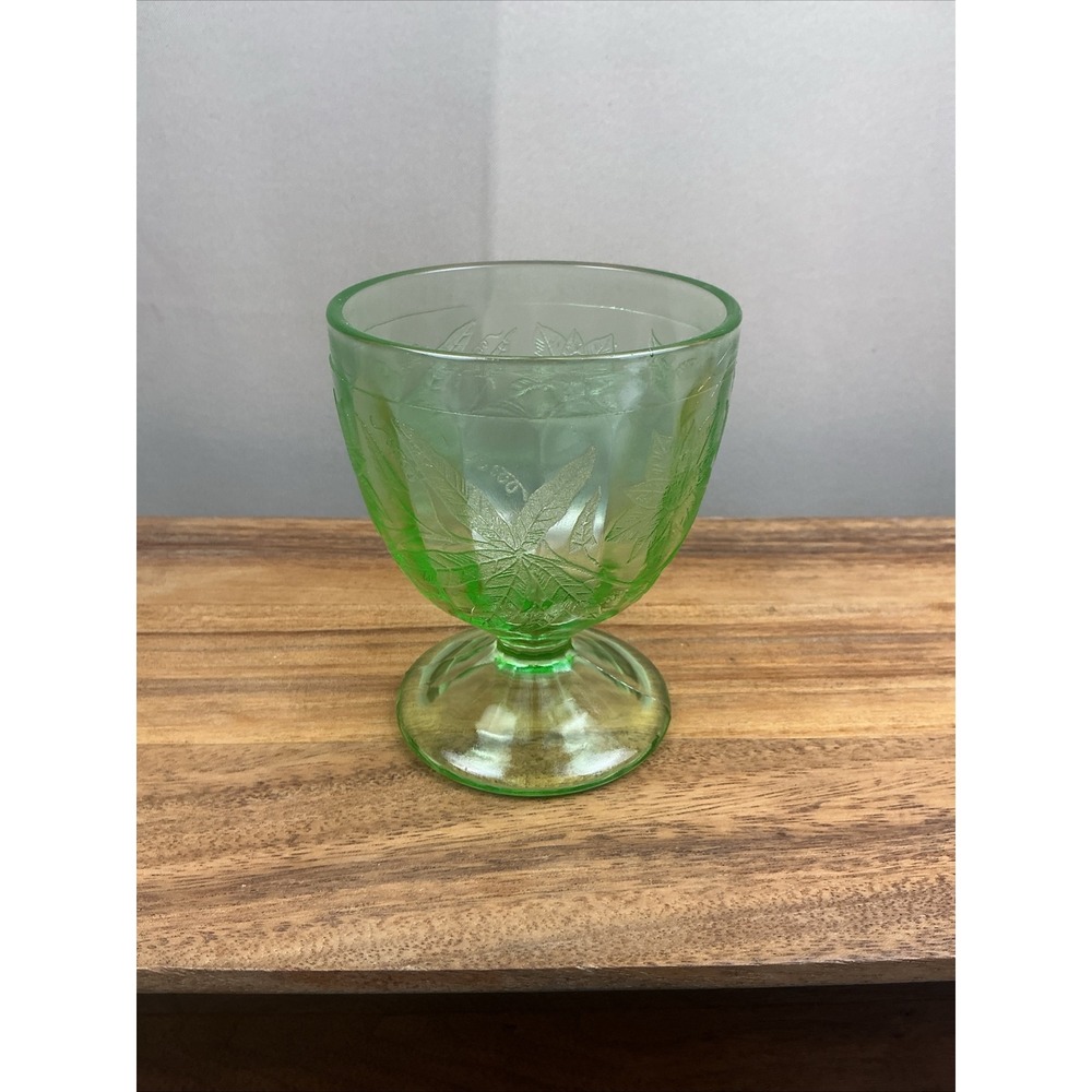 Jeannette Glass Uranium Green Poinsettia Candy Jar Vintage Depression No Lid